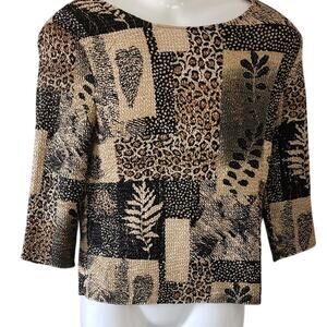 Flair VTG  Crinkle Leopard  Leaf print Scoop Neck 3/4 sleeve Top Women's Small